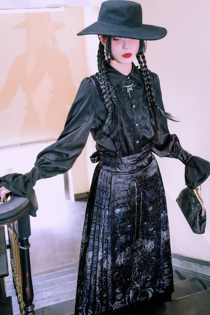 Blue Tears Patchwork Lace Lantern Sleeve Shirt