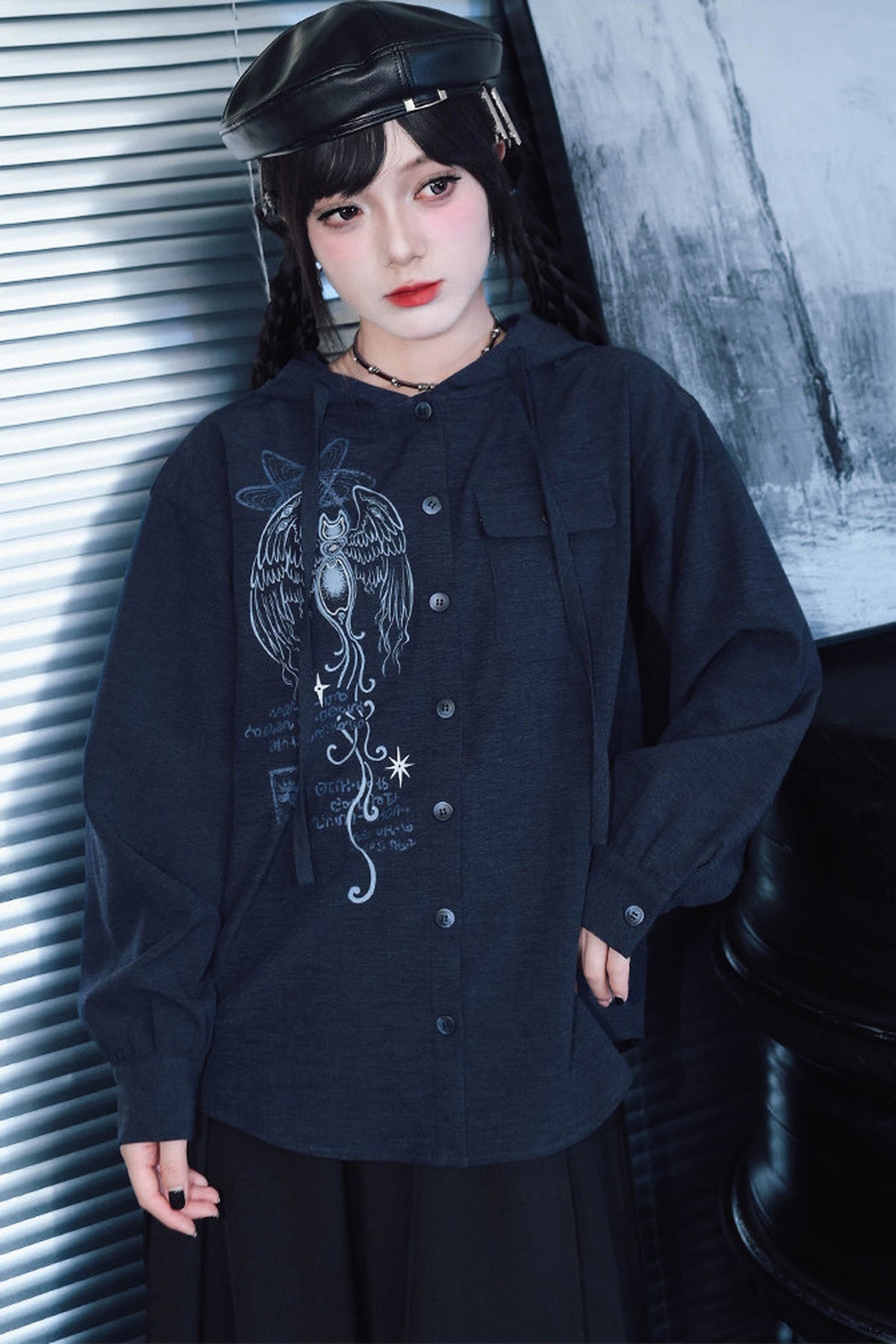 Sea Angel Hand-Drawn Print Hooded Shirt