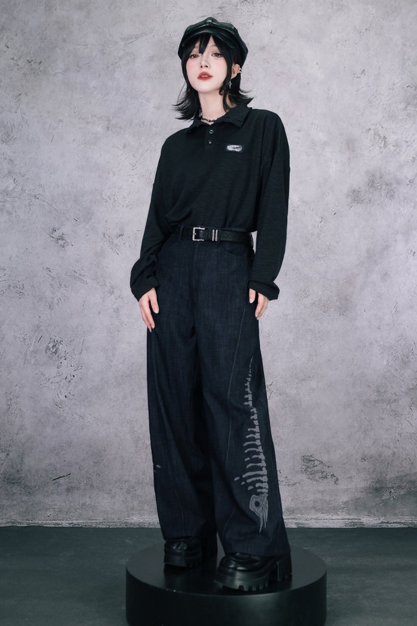 Whale Fall Oversize-Langarm-Oberteil mit hohem Kragen