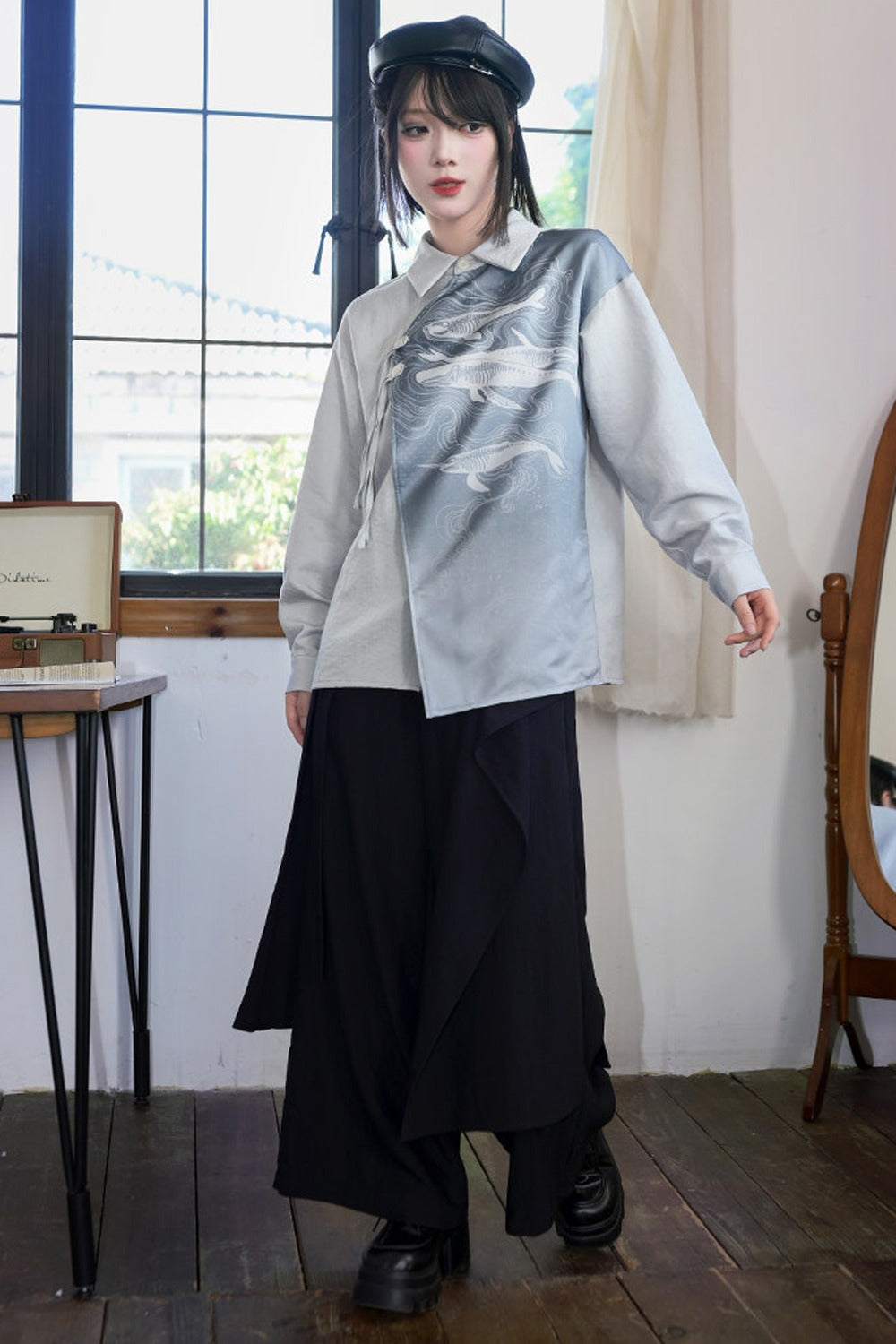 Asymmetrical Whale Print Slanted Placket Shirt