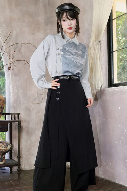 Asymmetrical Whale Print Slanted Placket Shirt