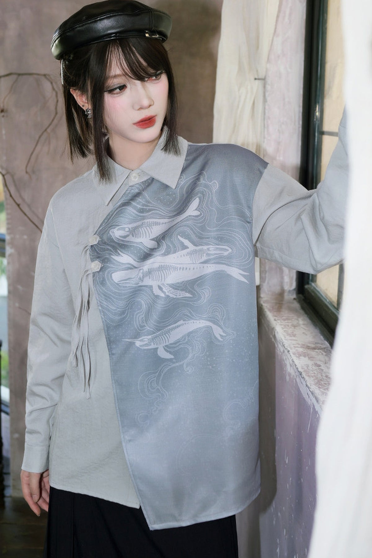 Asymmetrical Whale Print Slanted Placket Shirt