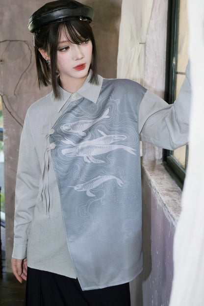 Asymmetrical Whale Print Slanted Placket Shirt