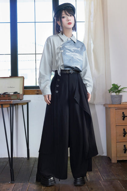 Asymmetrical Whale Print Slanted Placket Shirt