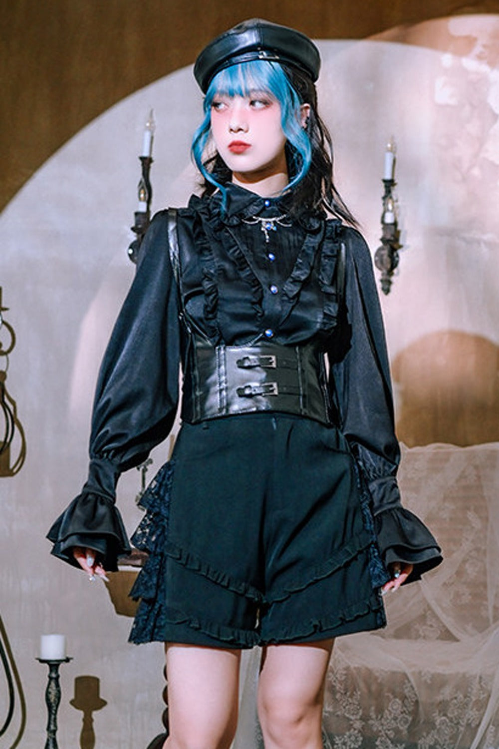 Blue Tears Patchwork Lace Lantern Sleeve Shirt