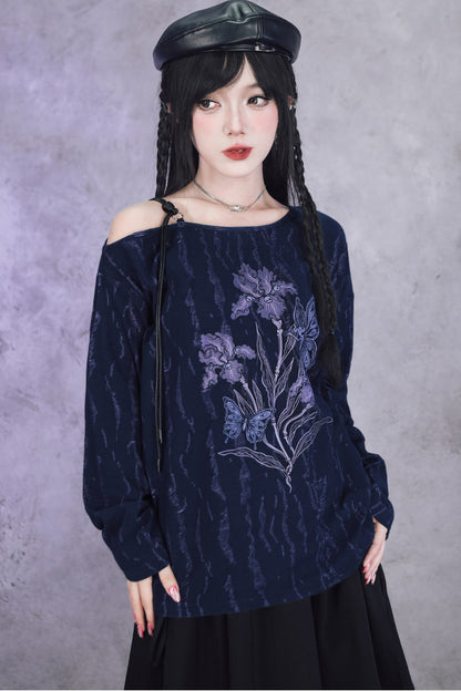 Tee-shirt épaules dénudées à manches longues et imprimé iris