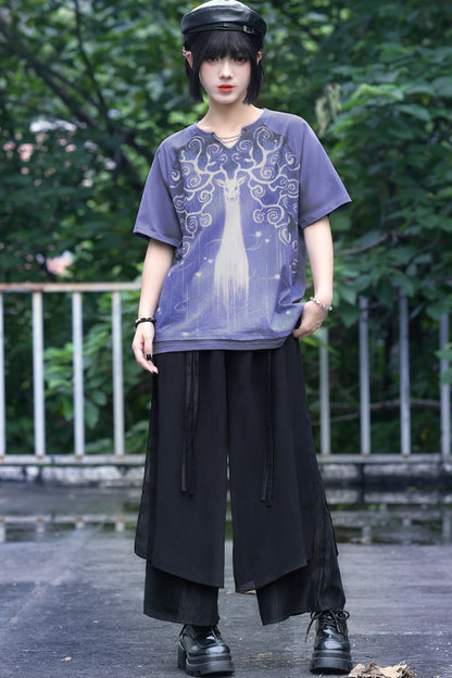 Lila Grafik-T-Shirt mit Fantasiehirsch