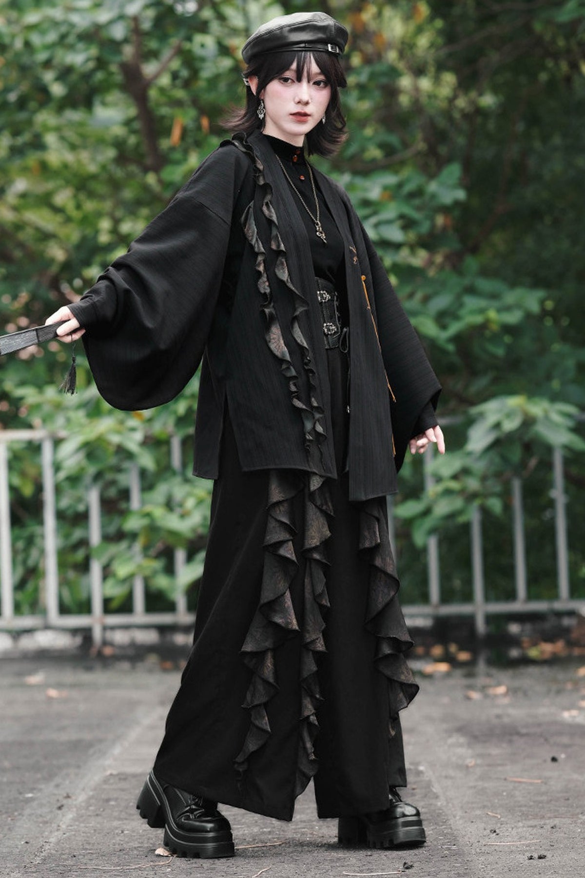 Loose Black Lace Trim Embroidery Tassel Cardigan