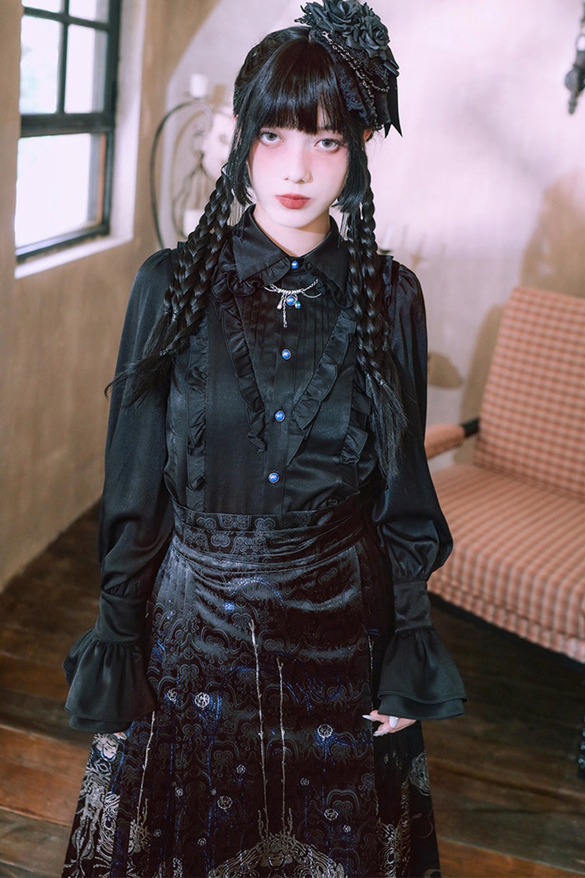 Blue Tears Patchwork Lace Lantern Sleeve Shirt