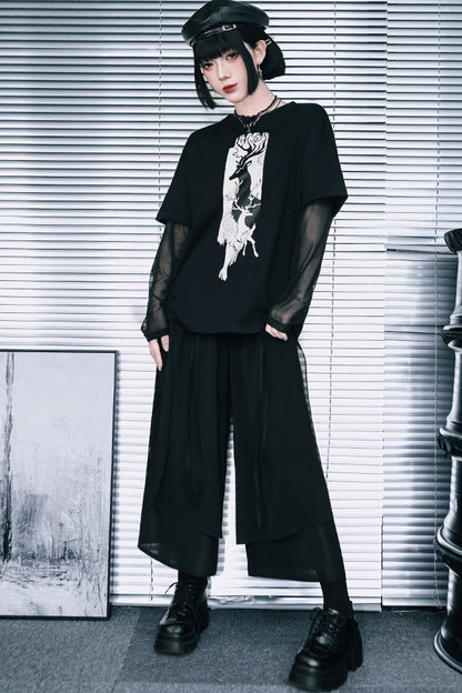 鹿プリントシアースリーブレイヤードTシャツ