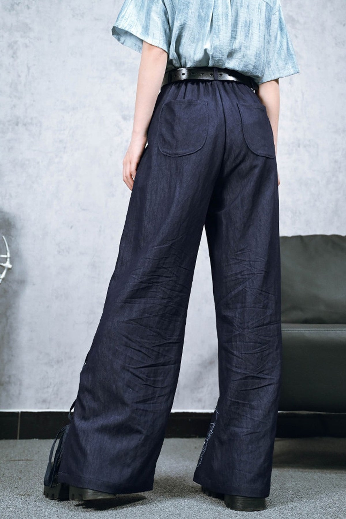 Blue Jellyfish Print Lace-Up Wide-Leg Pants