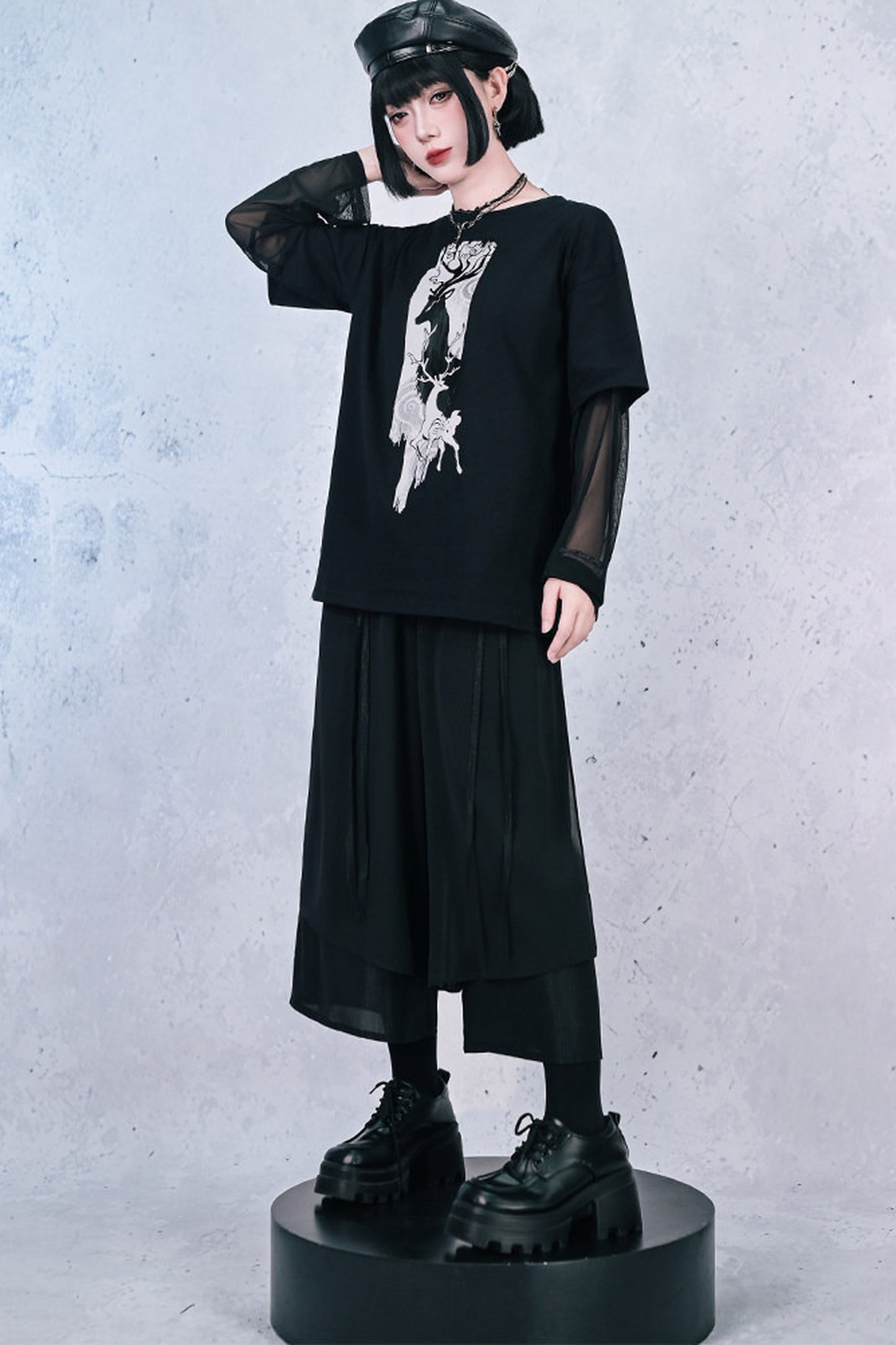 鹿プリントシアースリーブレイヤードTシャツ