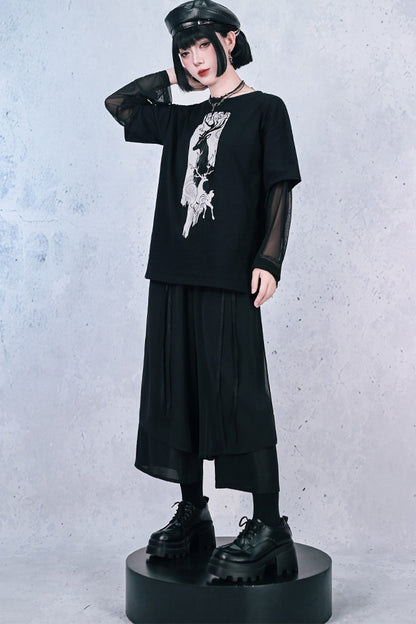 鹿プリントシアースリーブレイヤードTシャツ