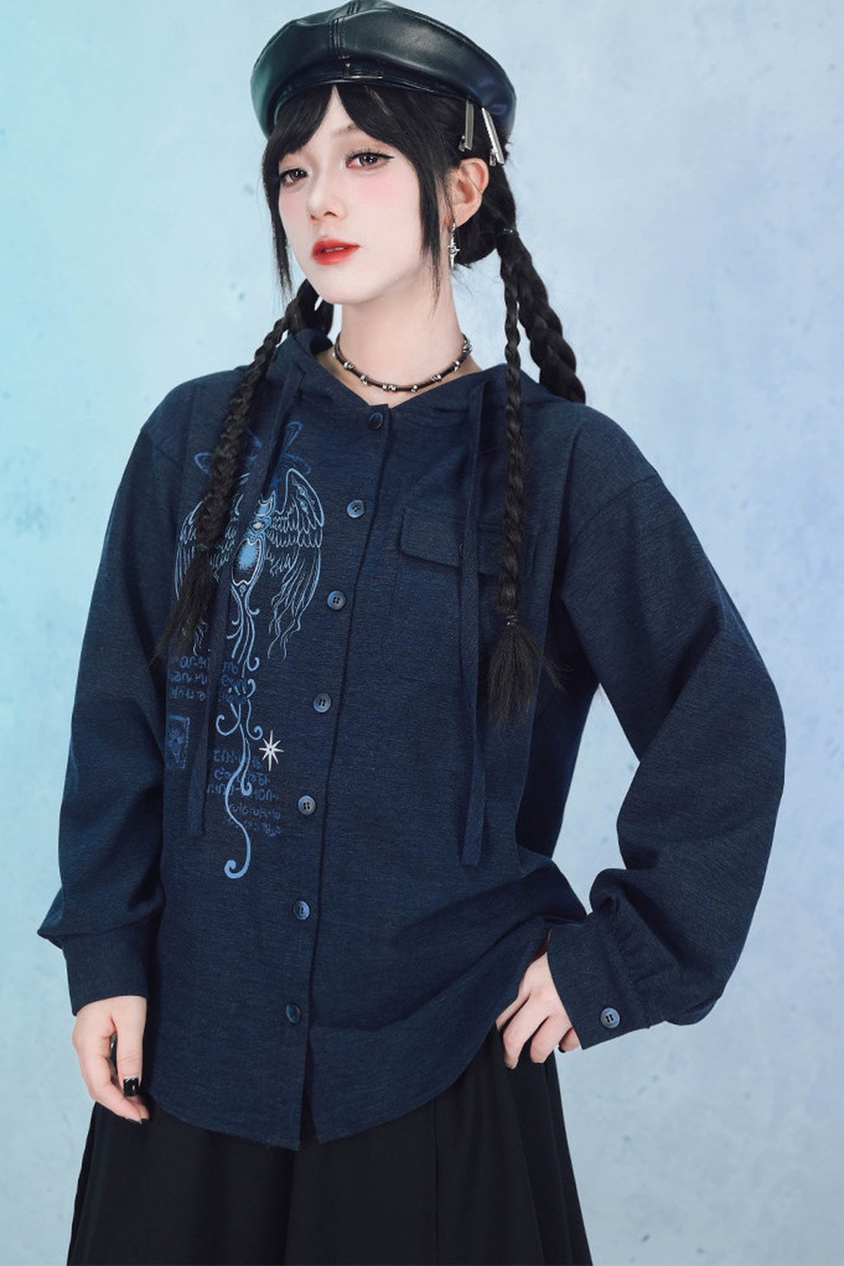 Sea Angel Hand-Drawn Print Hooded Shirt