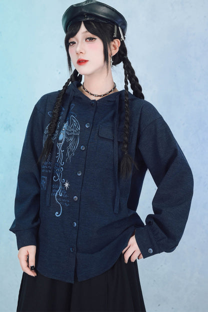 Sea Angel Hand-Drawn Print Hooded Shirt