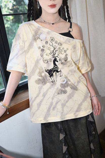 小鹿プリントオフショルTシャツ