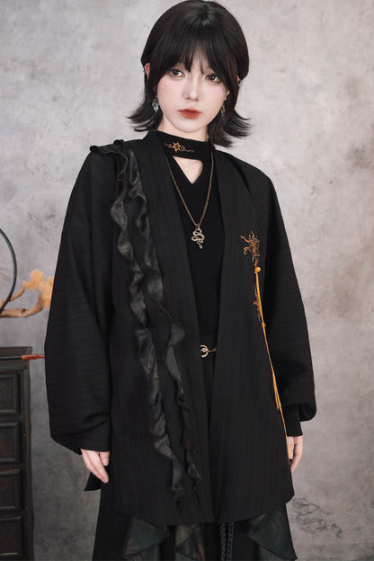 Loose Black Lace Trim Embroidery Tassel Cardigan