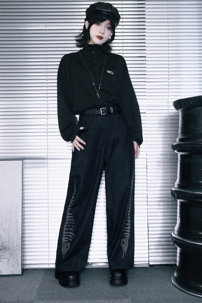 Whale Fall Oversize-Langarm-Oberteil mit hohem Kragen
