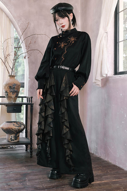 Mandala Embroidered Lace-Up Diagonal Placket Shirt