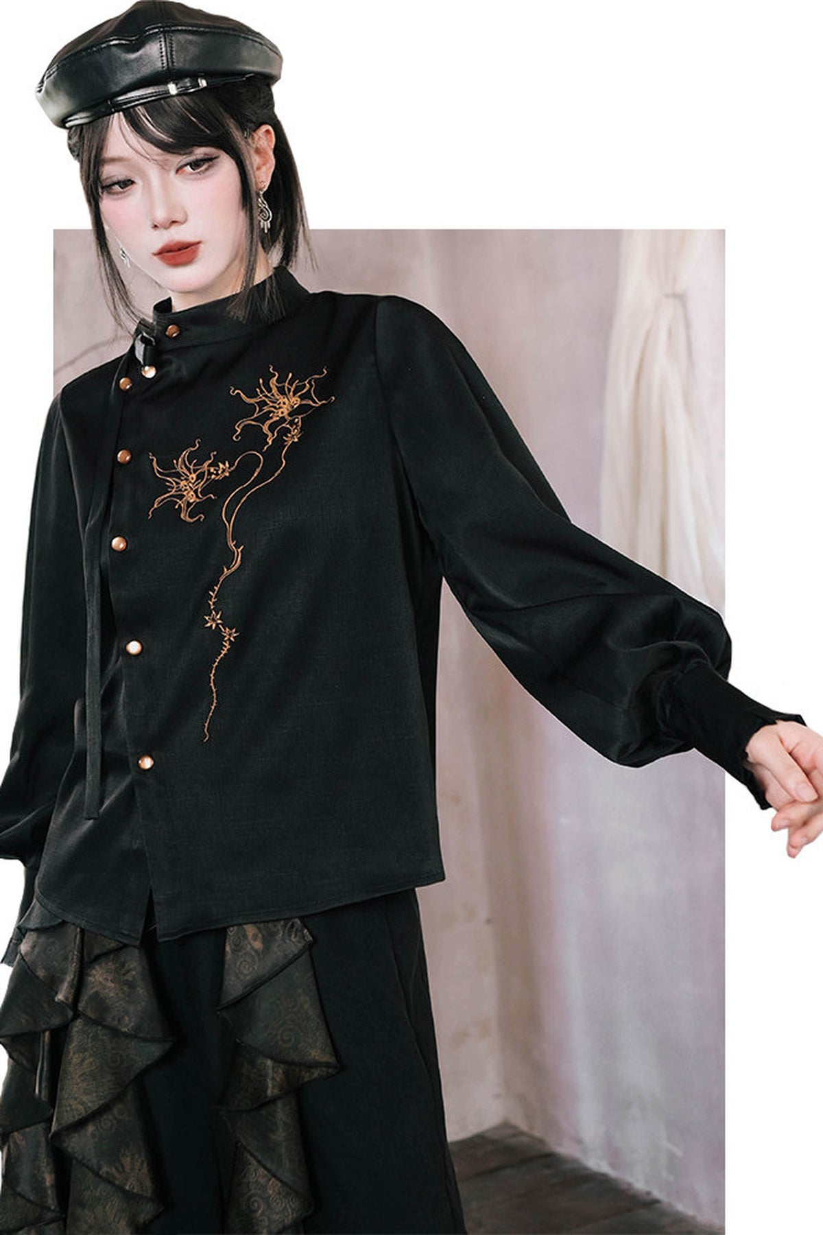Mandala Embroidered Lace-Up Diagonal Placket Shirt