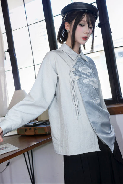 Asymmetrical Whale Print Slanted Placket Shirt