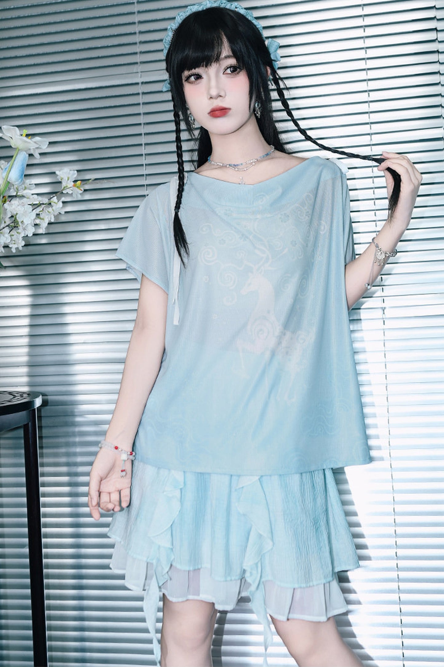 Chiffon-Set im China-Stil mit Hirsch-Print