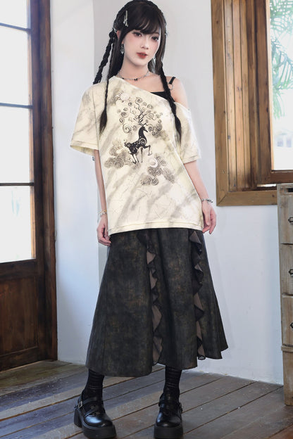 小鹿プリントオフショルTシャツ