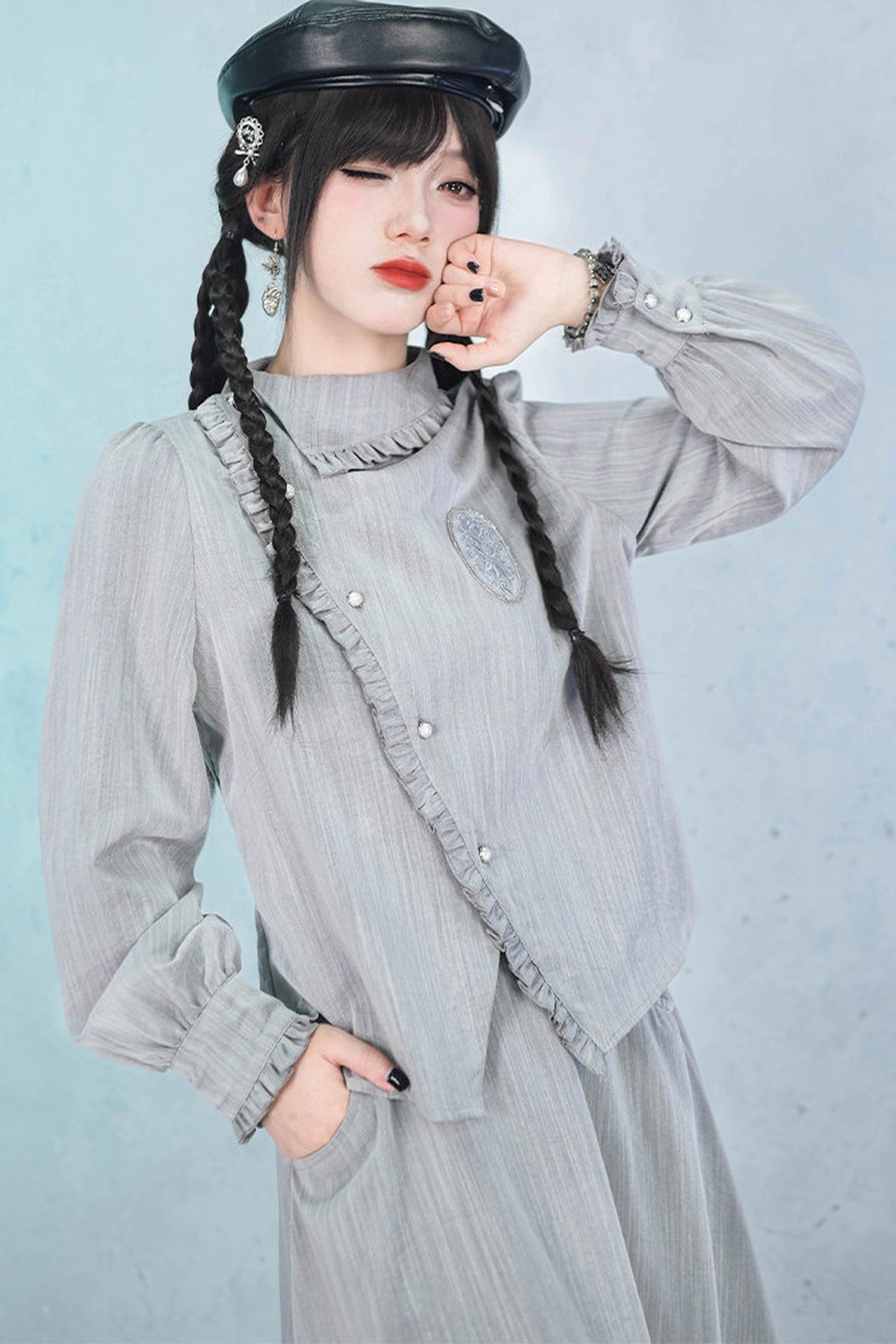Deer Smoke Slanted Placket Shirt and Double Layer Skirt Set-Up