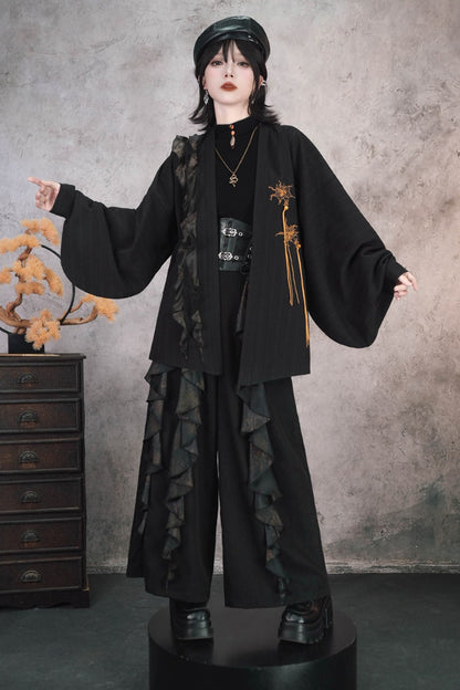 Loose Black Lace Trim Embroidery Tassel Cardigan