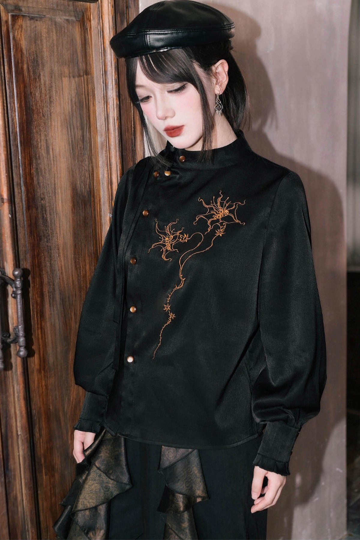 Mandala Embroidered Lace-Up Diagonal Placket Shirt