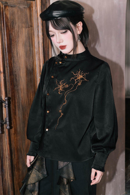 Mandala Embroidered Lace-Up Diagonal Placket Shirt
