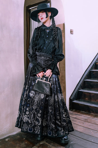 Blue Tears Patchwork Lace Lantern Sleeve Shirt
