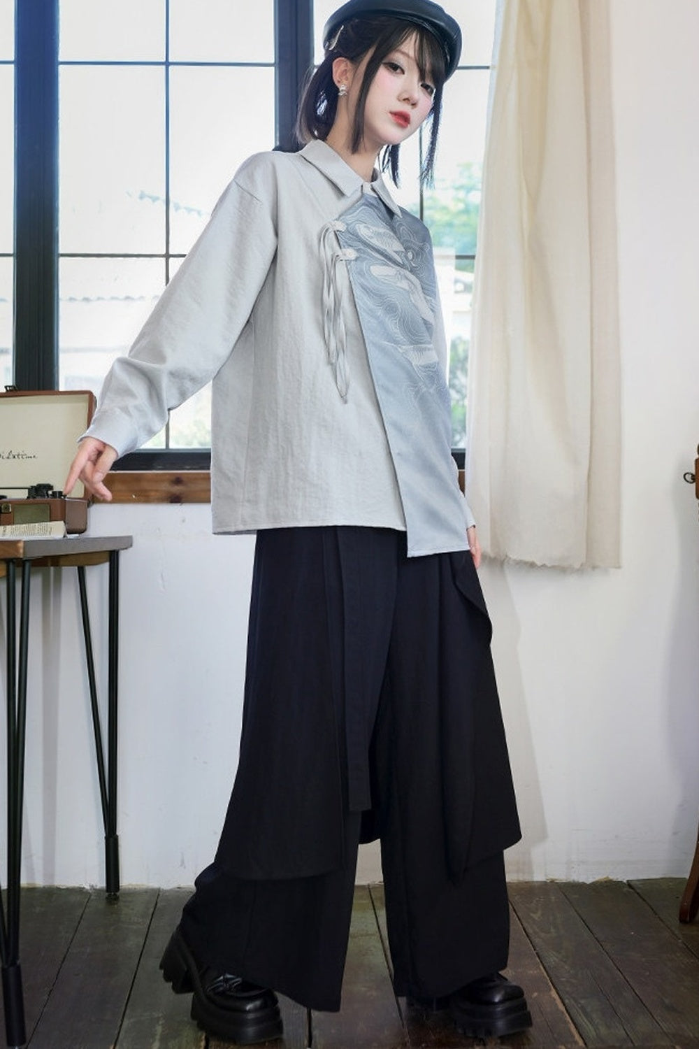Asymmetrical Whale Print Slanted Placket Shirt