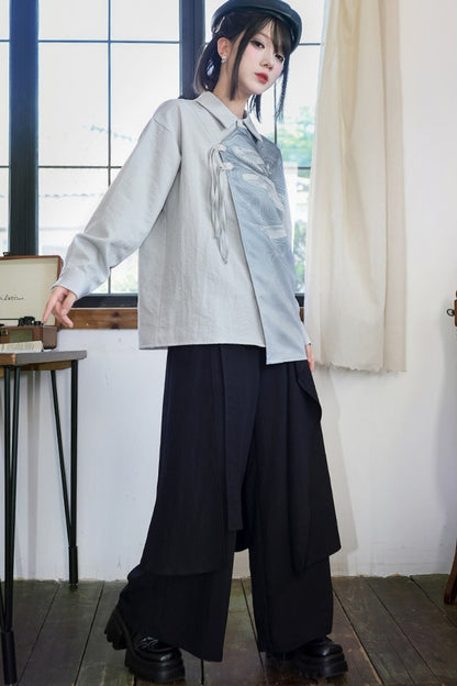 Asymmetrical Whale Print Slanted Placket Shirt