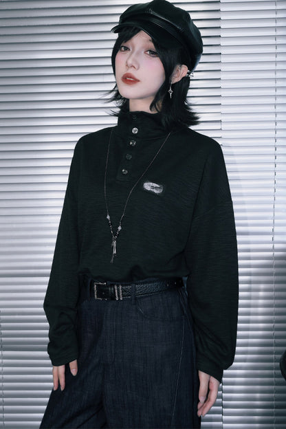 Whale Fall Oversize-Langarm-Oberteil mit hohem Kragen