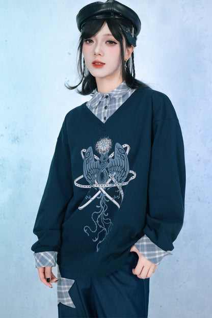 씨 엔젤 체크 셔츠 칼라 티셔츠
