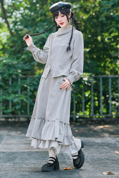 Deer Smoke Slanted Placket Shirt and Double Layer Skirt Set-Up