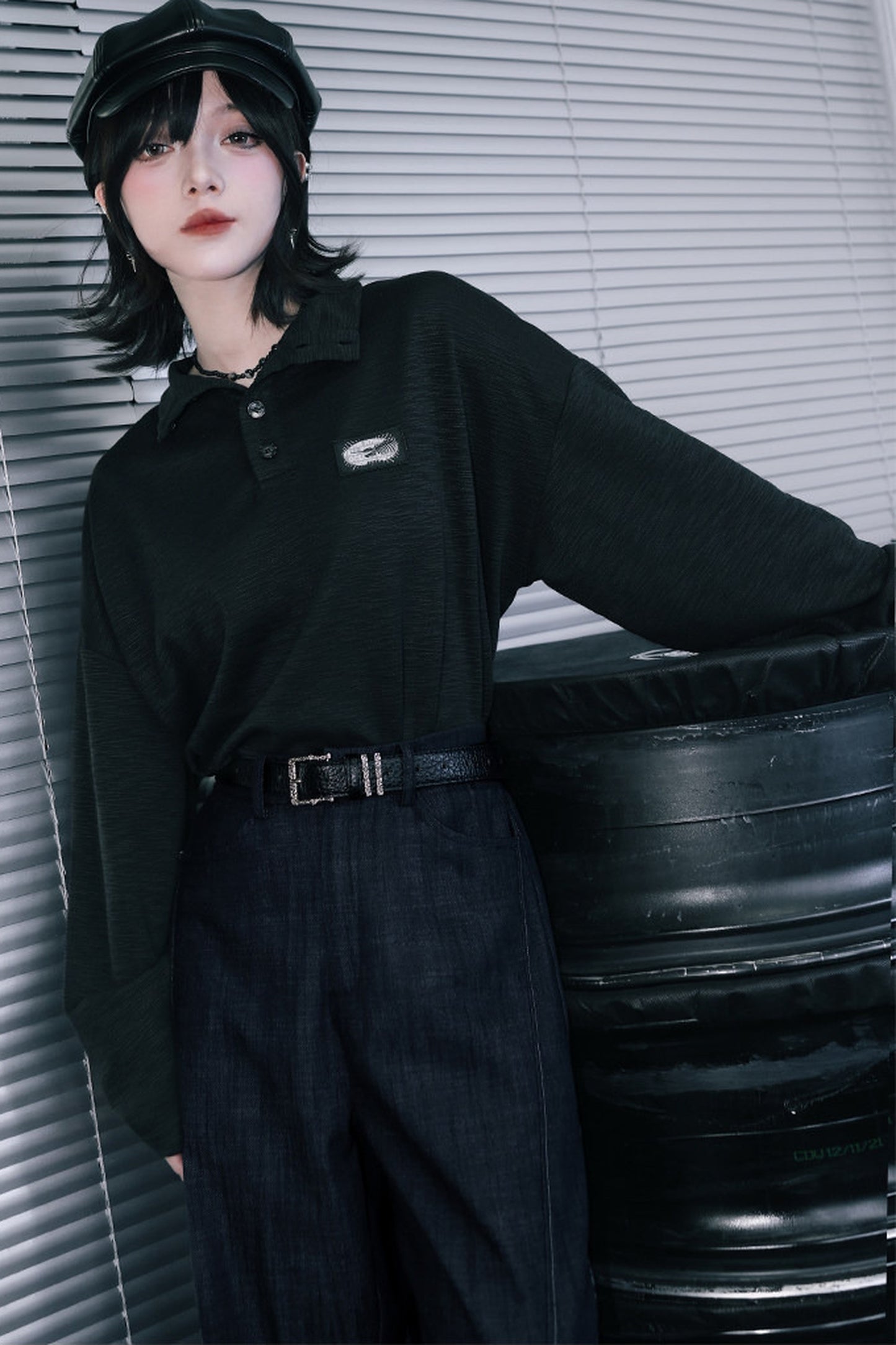 Whale Fall Oversize-Langarm-Oberteil mit hohem Kragen