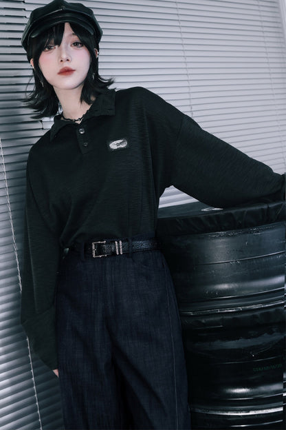 Whale Fall Oversize-Langarm-Oberteil mit hohem Kragen