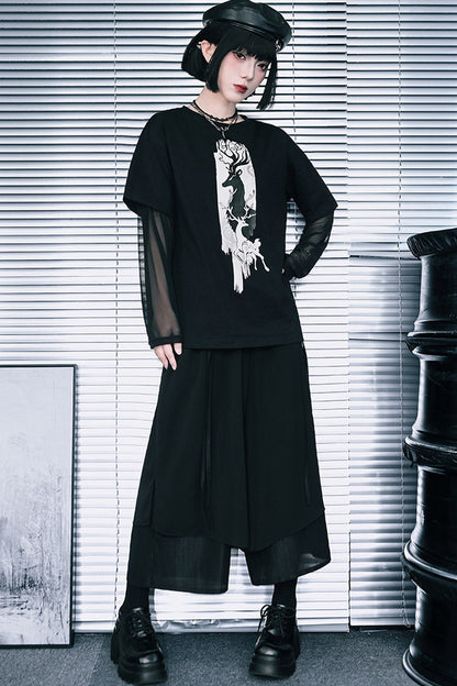 鹿プリントシアースリーブレイヤードTシャツ