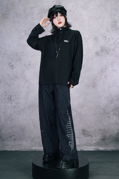 Whale Fall Oversize-Langarm-Oberteil mit hohem Kragen