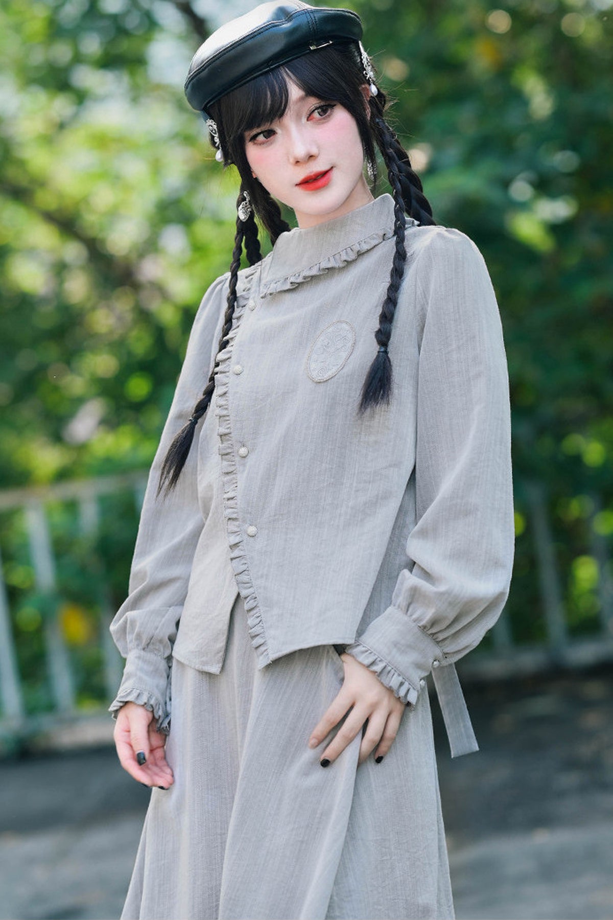 Deer Smoke Slanted Placket Shirt and Double Layer Skirt Set-Up