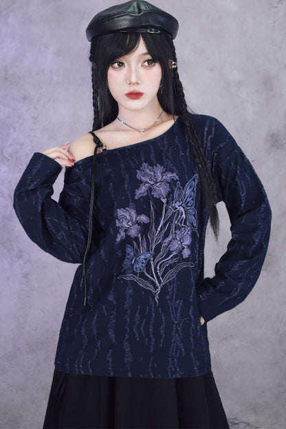 Tee-shirt épaules dénudées à manches longues et imprimé iris
