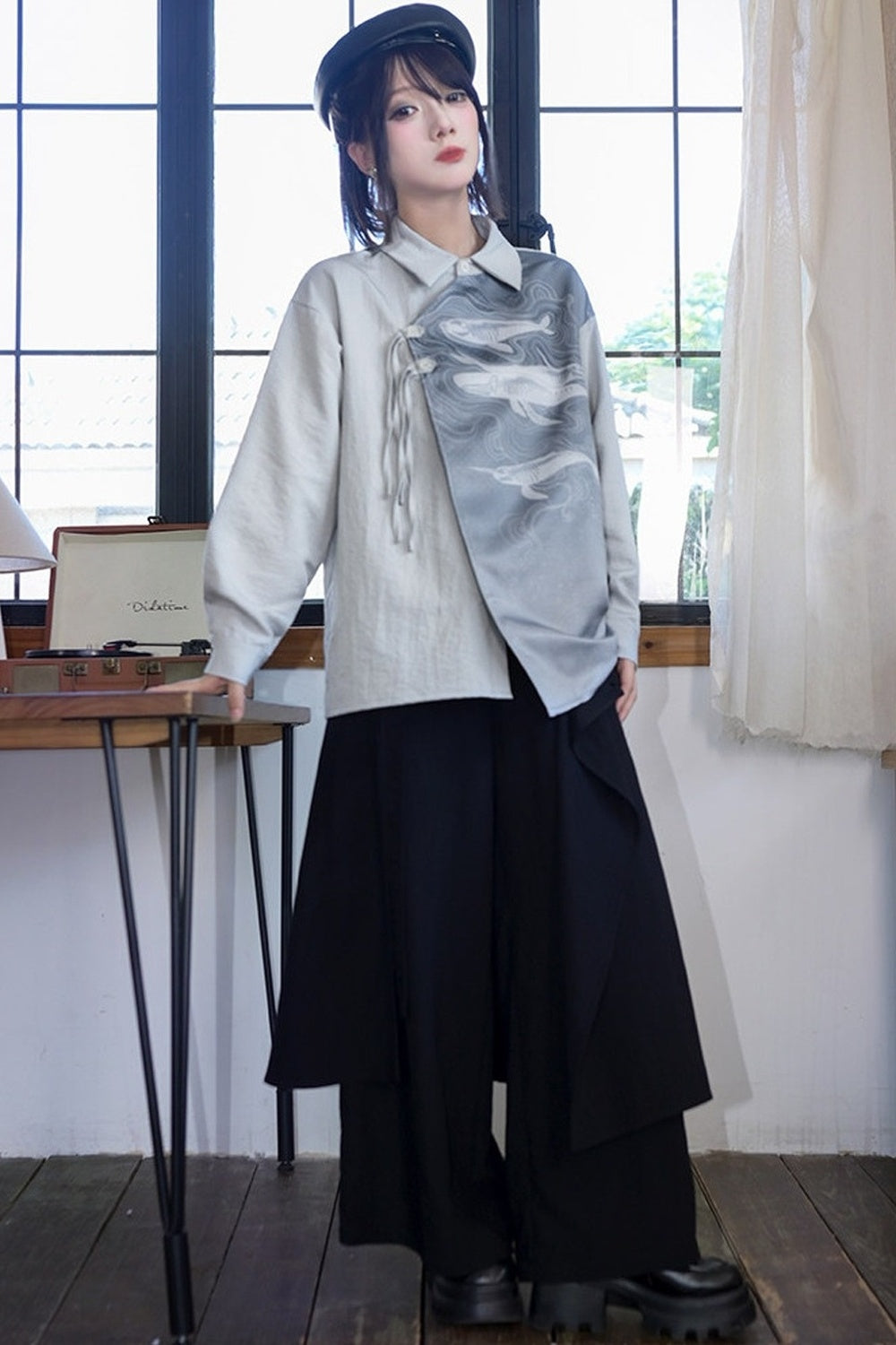 Asymmetrical Whale Print Slanted Placket Shirt