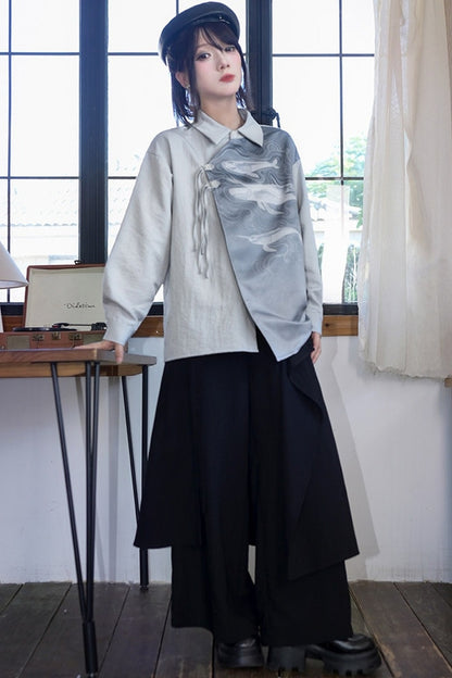 Asymmetrical Whale Print Slanted Placket Shirt