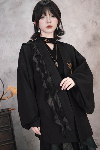 Loose Black Lace Trim Embroidery Tassel Cardigan