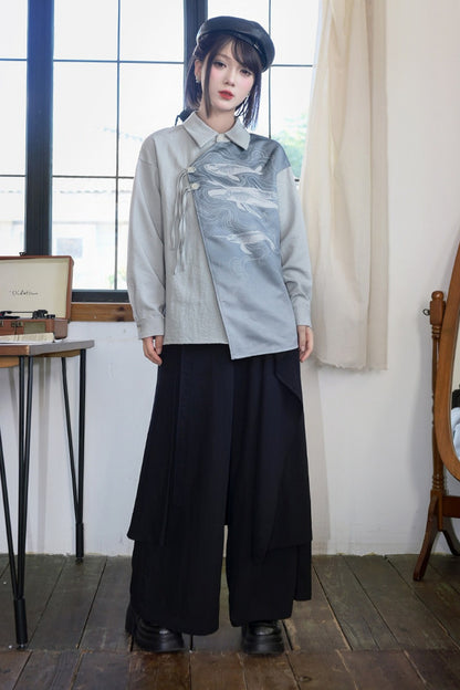 Asymmetrical Whale Print Slanted Placket Shirt