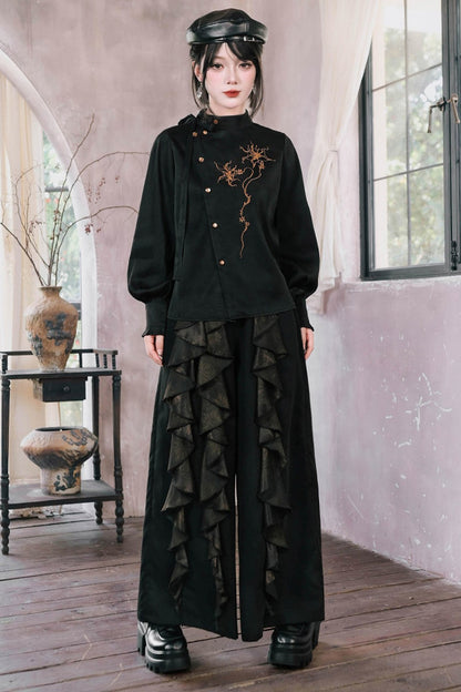 Mandala Embroidered Lace-Up Diagonal Placket Shirt