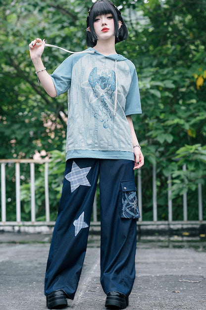 Meerengelblaues Kapuzen-T-Shirt