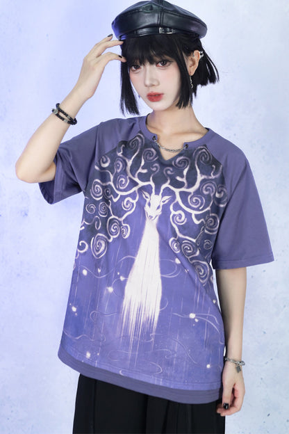 Lila Grafik-T-Shirt mit Fantasiehirsch